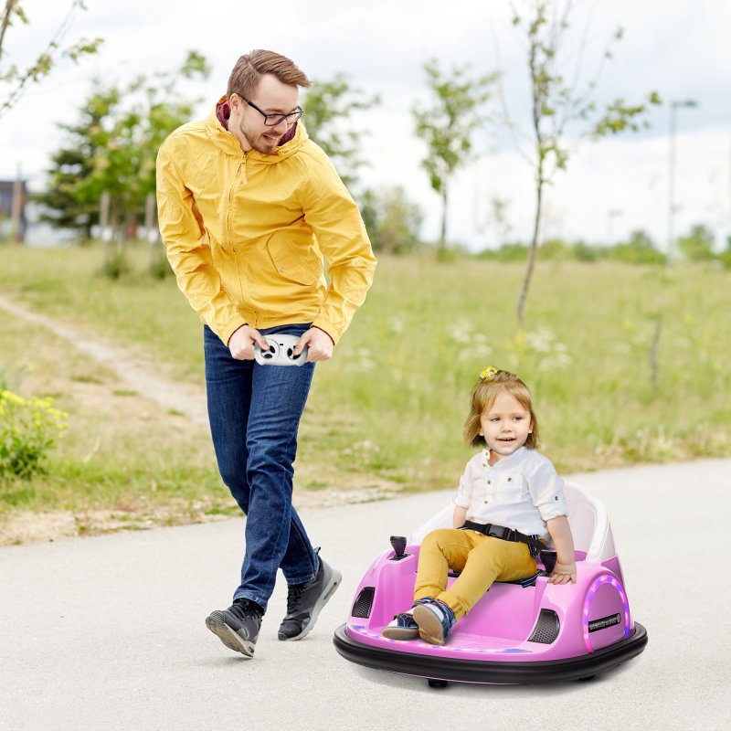 AIYAPLAY Kids Bumper Car, 360 Rotation 12V Waltz Car, Battery Powered Ride-On Toy with Remote Control, Dual Joystick, Music, USB, LED Lights, Horn, for Ages 1.5-5 Years, Pink