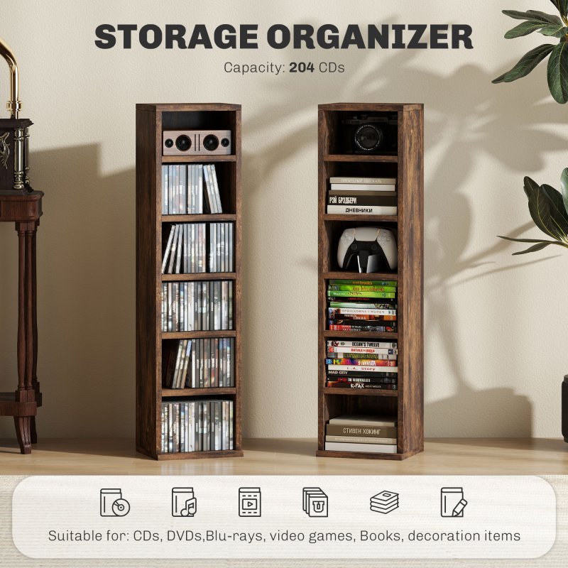HOMCOM 204 CD Media Display Shelf Unit Set of 2 Blu-Ray Tower Rack w/ Adjustable Shelves Bookcase Storage Organiser, Rustic Brown