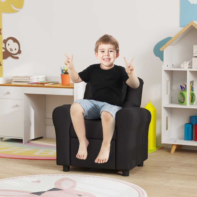HOMCOM Kids Recliner, PU Leather Kids Armchair, Child Chair, Toddler Armchair with Adjustable Backrest, Footrest, Padded Headrest, Cup Holder, Black