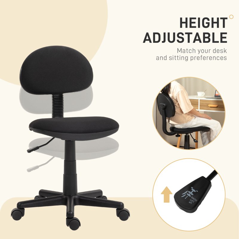 HOMCOM Armless Office Chair, Small Desk Chair, Height Adjustable Computer Chair with Rolling Wheels and Low Back, Black