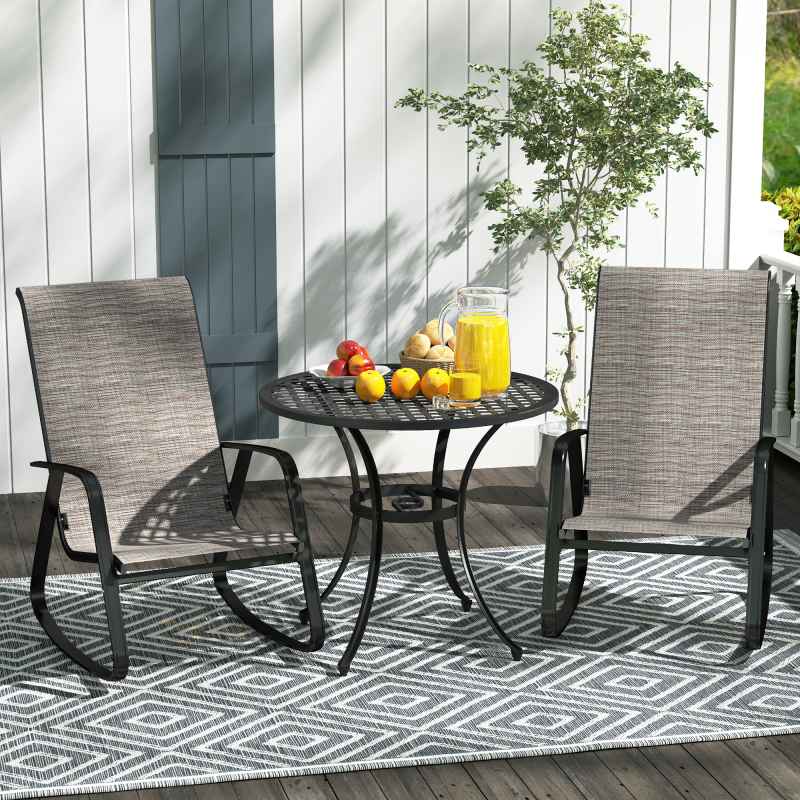 Outsunny Garden Rocking Chairs Set of 2, Ergonomic Outdoor Rocking Chairs with Armrests, High Backrest, Steel Frame Relaxing Rocker Armchair Seats for Patio, Balcony, Porch, Light Brown