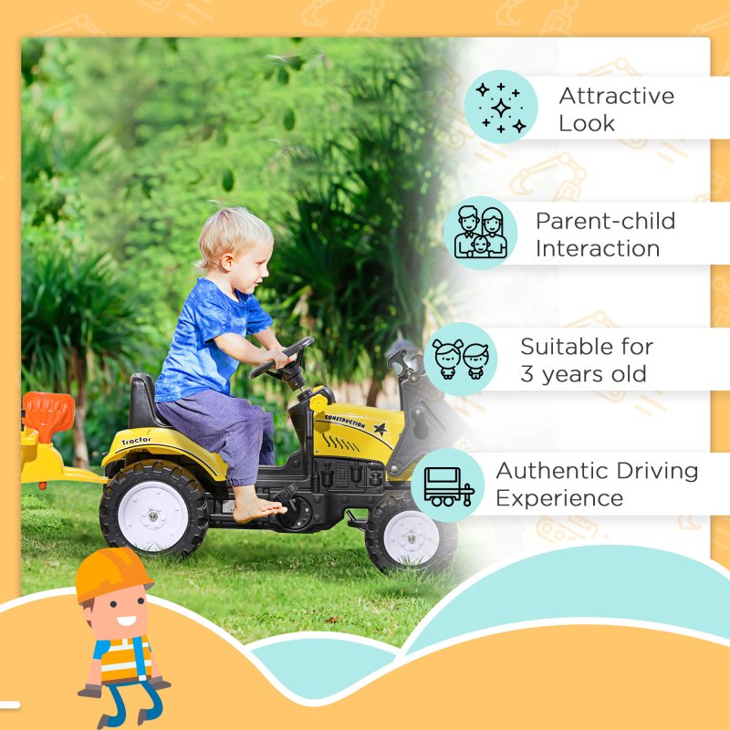 HOMCOM Kids Pedal Go Kart, Children Ride on Digger, Ride on Toy Car, Excavator Tractor Digger Dumper for Kids 3 Years, Yellow