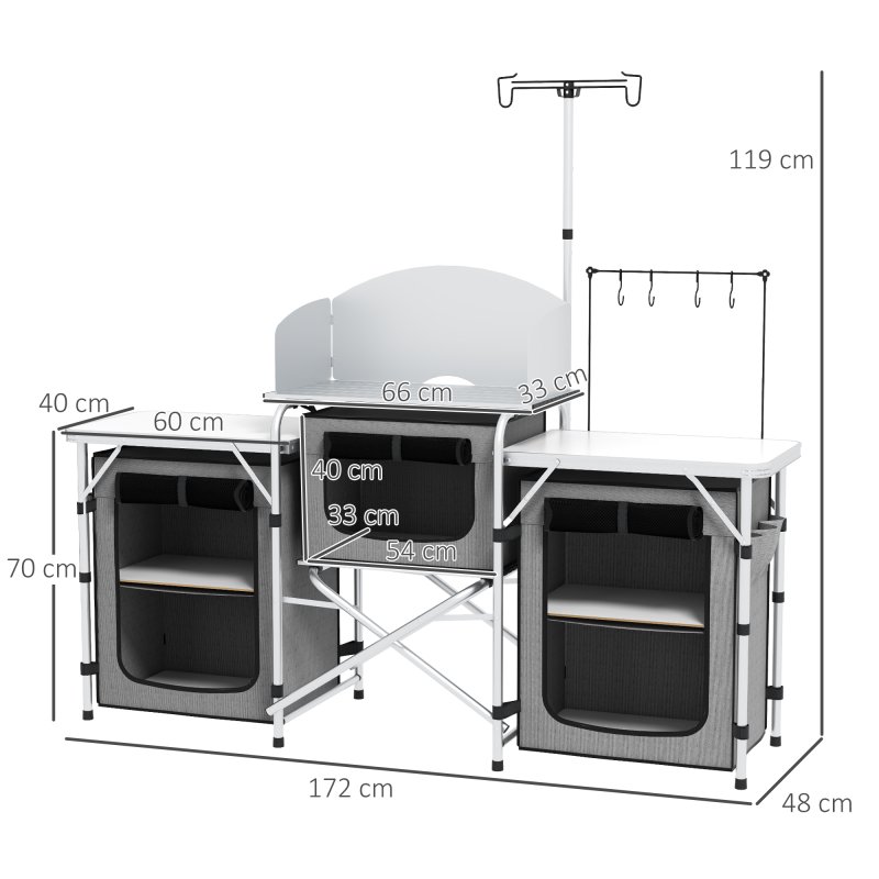 Outsunny Folding Camping Kitchen, Portable Aluminium Camping Table with 3 Fabric Cupboards, Windshield, Light Stand, Carrying Bag for BBQ, RV, Picnic, Grey