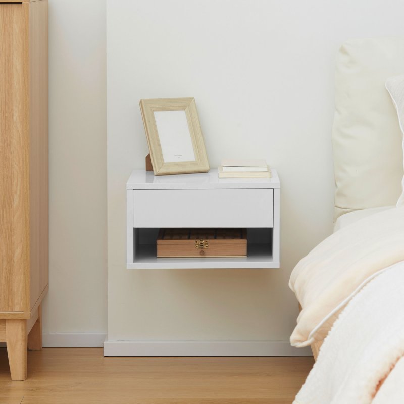 HOMCOM Floating Bedside Table Set of 2 Wall Mounted Nightstand with Storage Drawer and Open Shelf for Bedroom, High Gloss White