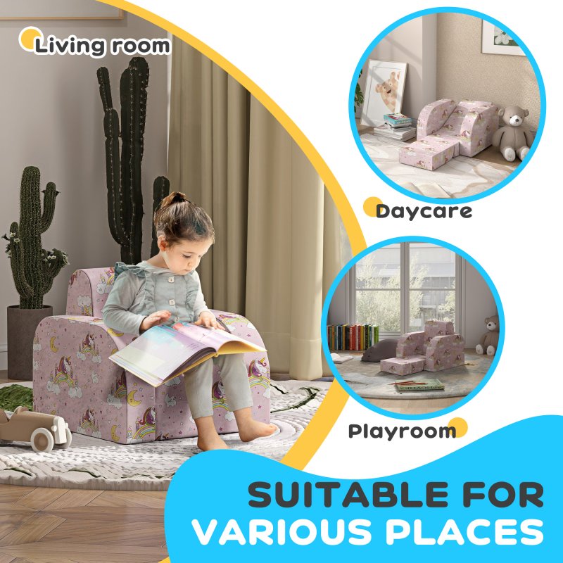 AIYAPLAY Kids Armchair, 2 in 1 Foldable Toddler Chair, Soft Snuggle Sponge Filled Recliner, for Bedroom Playroom Living Room, for Boys & Girls 18 Months to 3 Years - Pink