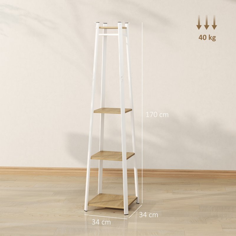 HOMCOM Coat Rack with Storage, Freestanding Coat Stand with 8 Hooks and 3-Tier Shelf, Clothes Rack for Bedroom, Entryway