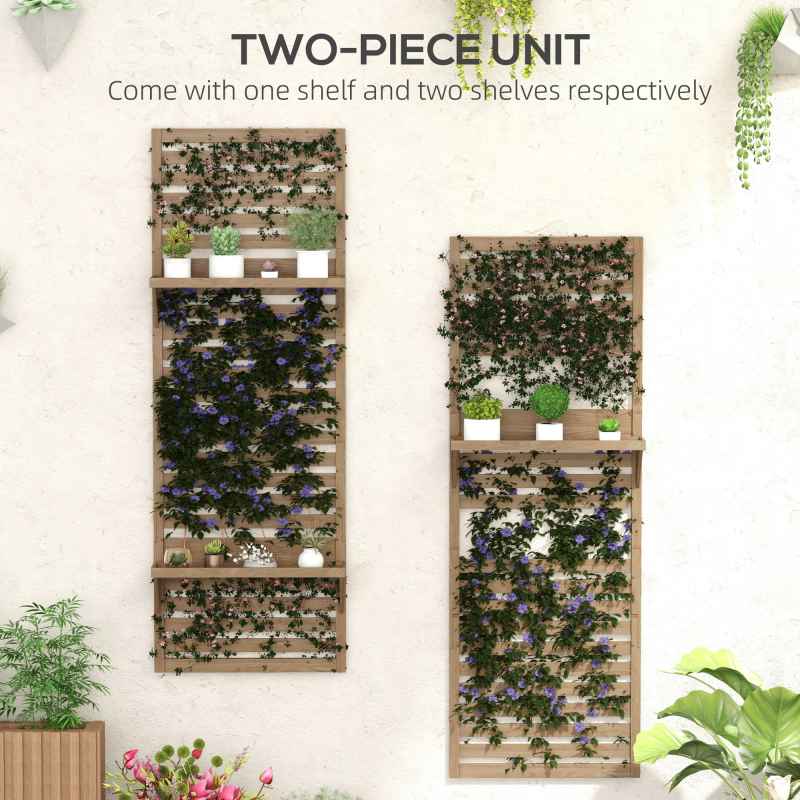 Outsunny Set of 2 Wall Mounted Plant Stand with Trellis, 170cm Wooden Plant Rack with Hanging Planter Shelves and Slatted Trellis for Climbing Plants, for Patio, Balcony, Porch, Natural
