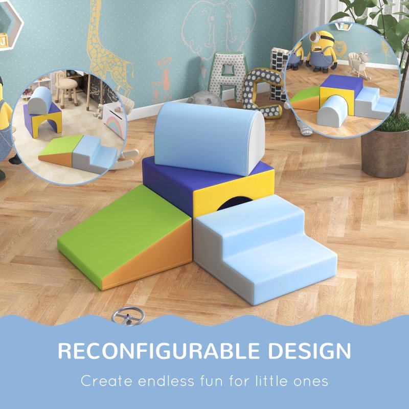 HOMCOM Baby Soft Play Set, 4 Piece Soft Play Equipment for Toddlers 12-36 Months, Climb and Crawl Foam Play, Kids Activity Play Toy, Blue