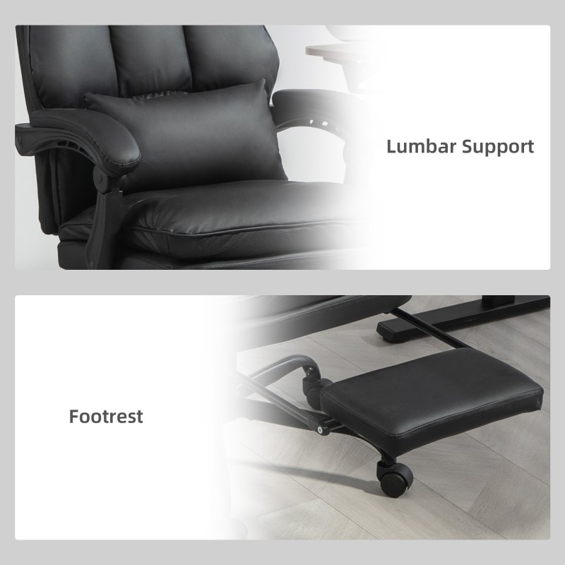 HOMCOM Executive Office Chair with Footrest, PU Leather High Back Desk Chair with Lumbar Support, Swivel Computer Chair with Adjustable Height and Padding Armrests, Black
