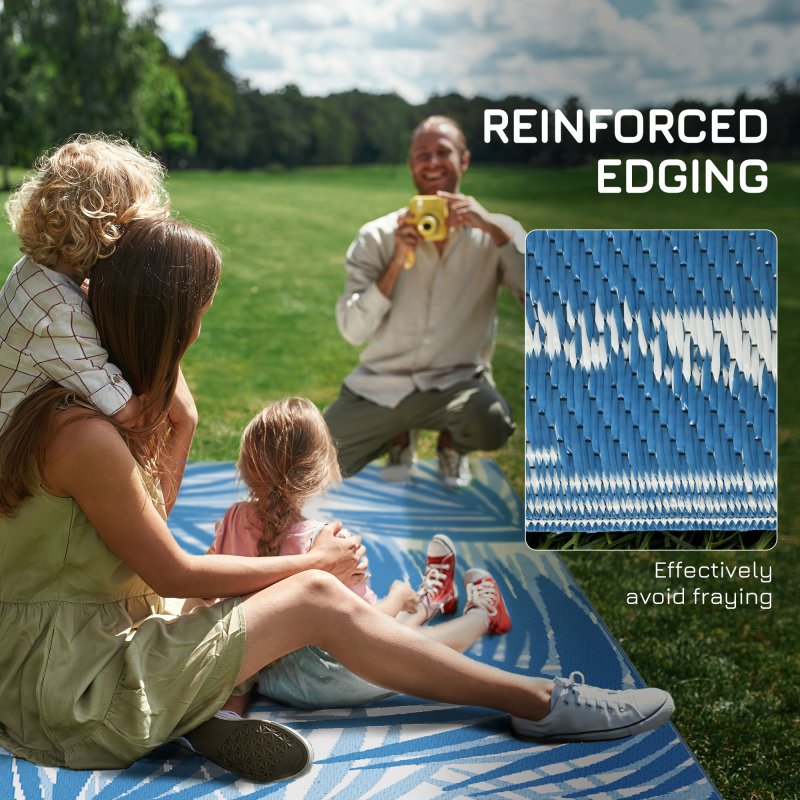 Outsunny Reversible Outdoor Rug with Carry Bag, Waterproof Plastic Straw Mat for Garden, Deck, RV, Picnic, Beach, Camping, 182 x 274cm, Blue and Cream