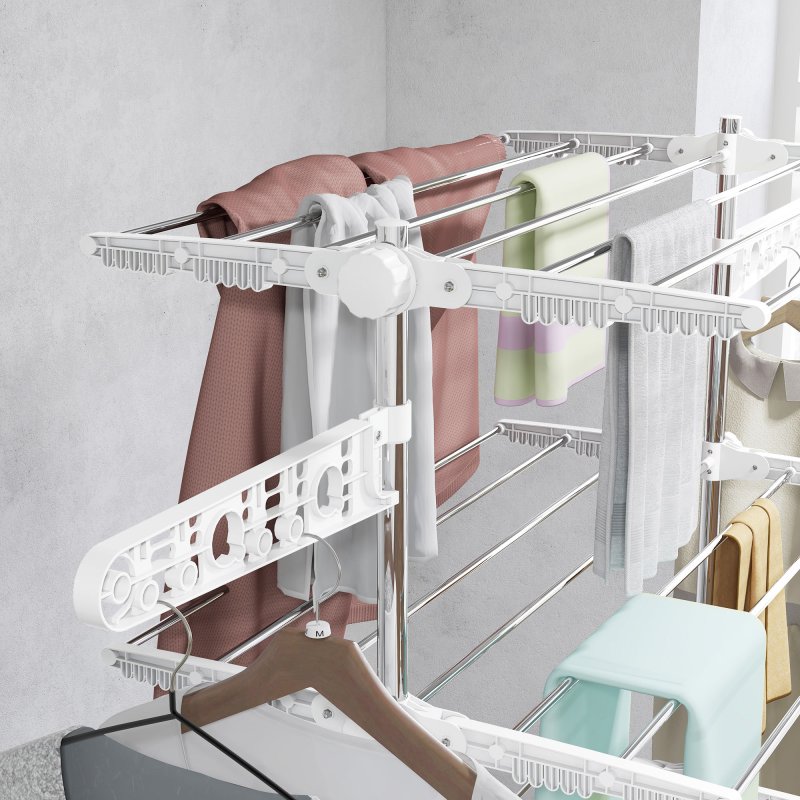 HOMCOM 4-Tier Clothes Airer, Stainless Steel Foldable Clothes Drying Rack with Wheels and Wings, Indoor and Outdoor, Easy Assembly, 142 x 55 x 172cm