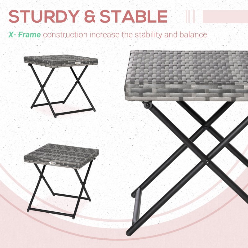 Outsunny Folding Rattan Garden Coffee Table, Small Square Outdoor Bistro Side Table with Rattan Top for Patio, Balcony, Porch, 40 x 40 x 40 cm, Grey
