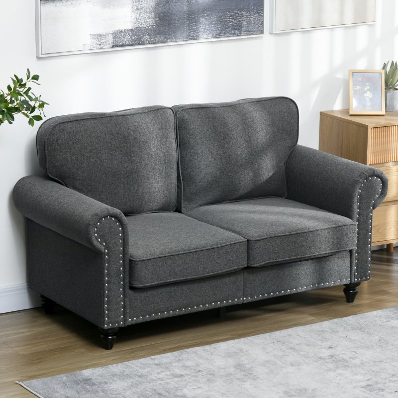 HOMCOM 2 Seater Sofa, Fabric Sofa Couch with Nailhead Trim Rolled Arm and Slatted Wood Frame, Upholstered Loveseat Settee for Living Room, Bedroom, Home Office
