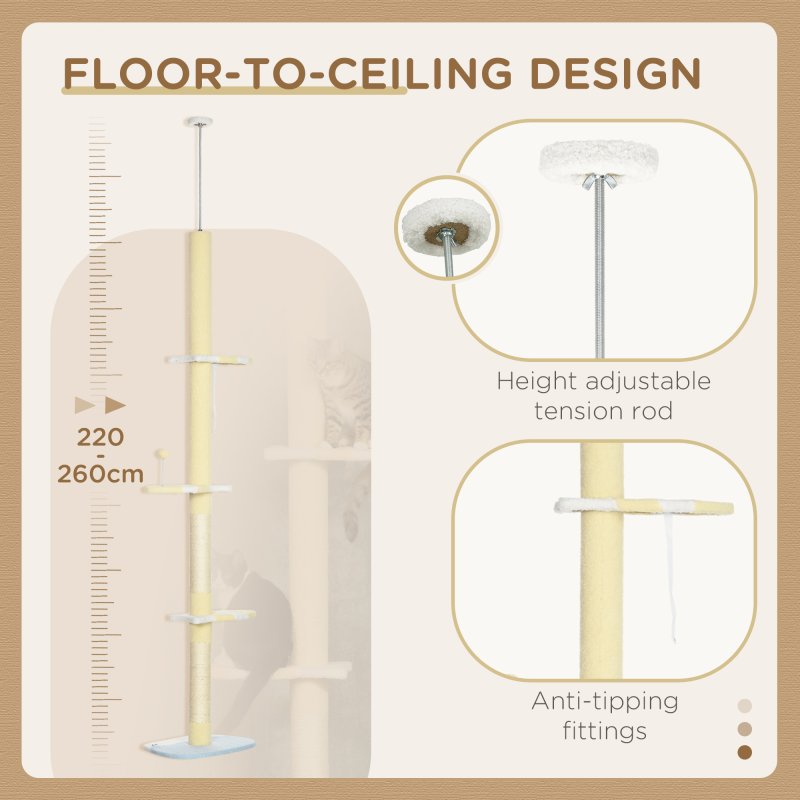 PawHut 260cm Floor to Ceiling Cat Tree, Height Adjustable Kitten Tower with Anti-slip Kit, Multi-Layer Activity Centre w/ Fish-shaped Perches Scratching Post Ball Toy - Yellow