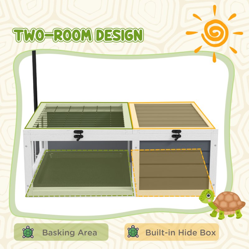 PawHut Tortoise House, Wooden Tortoise Table, Tortoise Enclosure with Adjustable Lamp Holder, Openable Lids, Pull-Out Trays - Grey