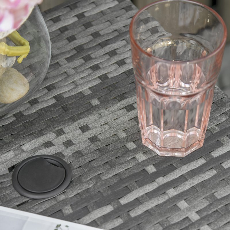 Outsunny Rattan Outdoor Coffee Table, Wicker Garden Patio Bistro Side Table with Umbrella Hole and Storage Space for Balcony, Porch, Grey