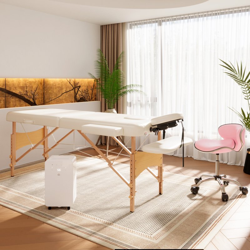 HOMCOM Portable Massage Bed, Folding Spa Beauty Massage Table with 2 Sections, Carry Bag and Wooden Frame, Cream White