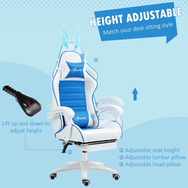 Vinsetto Reclining Racing Gaming Chair with Headrest and Lumber Support, PU Leather Computer Chair with Removable Rabbit Ears, Footrest, Blue