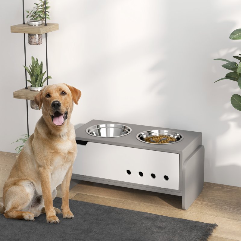 PawHut Raised Dog Bowls with Stand, 3 Height Adjustable Dog Feeding Storage Station with Slow Feeder Mat, 2 x 2000mL Stainless Steel Bowls for Medium to Extra Large Dogs - Grey