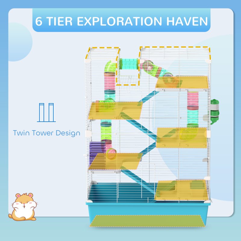 PawHut 6 Tier Hamster Cage, Gerbil Cage with Tubes, Exercise Wheel, Hut, Water Bottle, Food Dish, Ramps, Small Animal Cage for Dwarf Hamster, 58 x 36 x 81 cm, Light Blue
