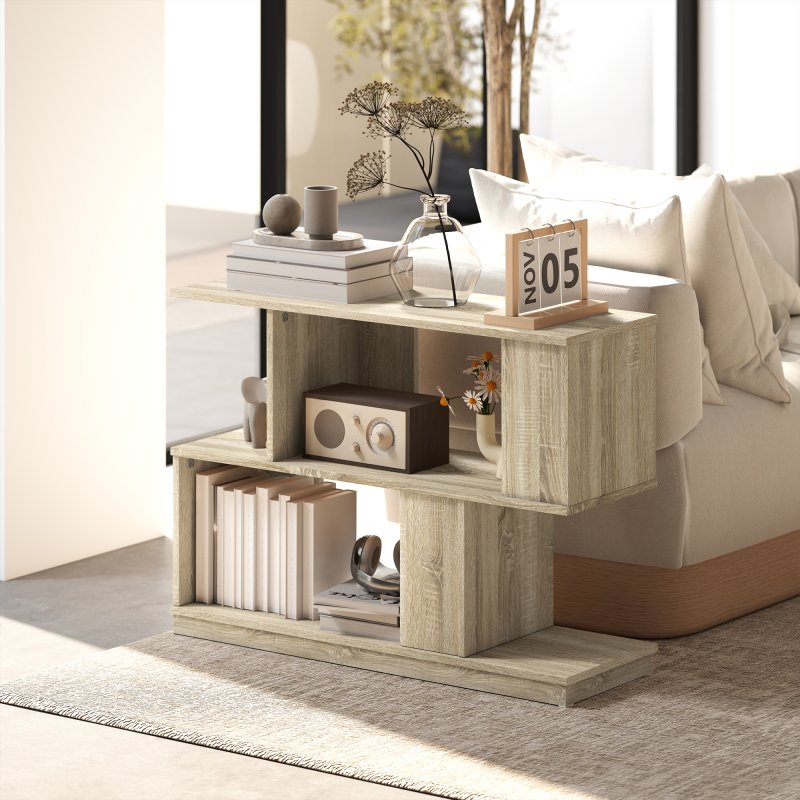 HOMCOM S-Shaped Side Table, 3-Tier Narrow End Table with Storage Shelves, Modern Nightstand for Living Room, Bedroom, 90W x 30D x 61H cm, Natural Wood Finish