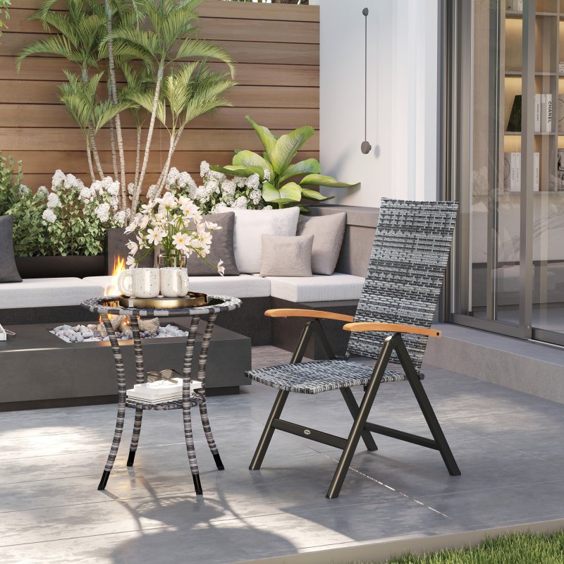 Outsunny Outdoor Folding Dining Chair, PE Rattan Chair with Armrests, High Backrest, for Garden, Camping, Balcony, Porch, Light Grey