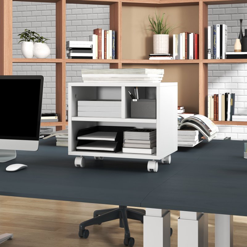 HOMCOM 2-Tier Printer Stand with Storage, Under Desk Printer Cart on Wheels with 3 Compartments, Desktop Printer Table for Home Office, White