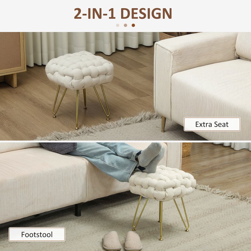HOMCOM Square Foot Stool, Woven Footrest Ottoman with Metal Legs, Padded Makeup Vanity Stool, Velvet Dressing Table Seat for Bedroom