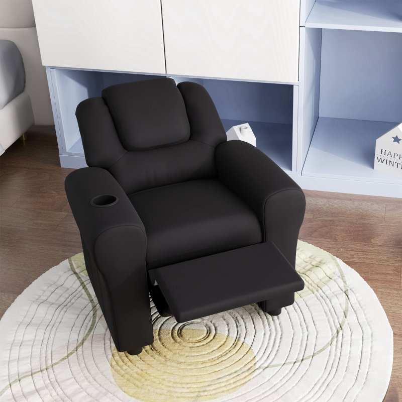 HOMCOM Kids Recliner, PU Leather Kids Armchair, Child Chair, Toddler Armchair with Adjustable Backrest, Footrest, Padded Headrest, Cup Holder, Black