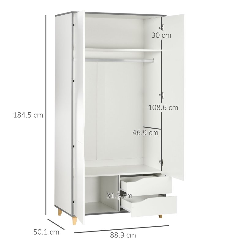 HOMCOM 2 Door Wardrobe with 2 Drawers, Storage Cupboard with Clothes Hanging Rail, Shelves and Anti-tipping Design, Modern Bedroom Furniture, White