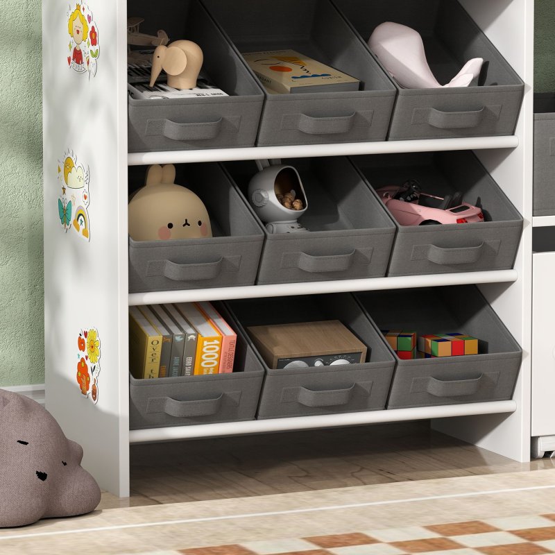 AIYAPLAY Kids Toy Storage Unit, Children Toy Box Organiser with 11 Fabric Bins, Cabinet, Top Shelves, 3 Stickers, Kids Storage Unit Bookshelf for Nursery, Playroom, Kindergarten, White
