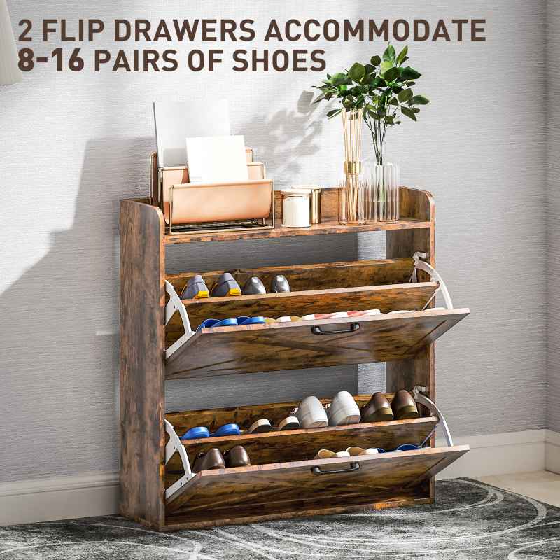 HOMCOM 2 Drawer Narrow Shoe Cabinet, Farmhouse Slim Shoe Storage Cabinet Cupboard with Adjustable Shelves and Barn Door Design for Entryway, Hallway, Rustic Brown