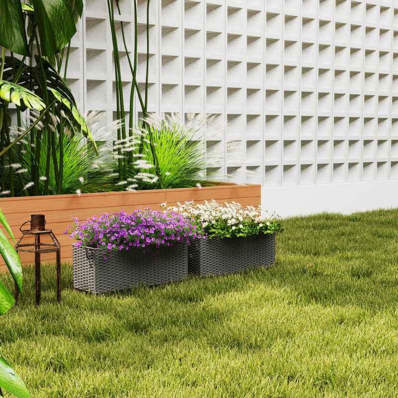 Outsunny Set of 2 Hanging Flower Boxes, 50 cm Long, Rattan Look Flower Pot with Drainage Holes and Hooks, Railing Box for Fence Balcony Garden, Grey