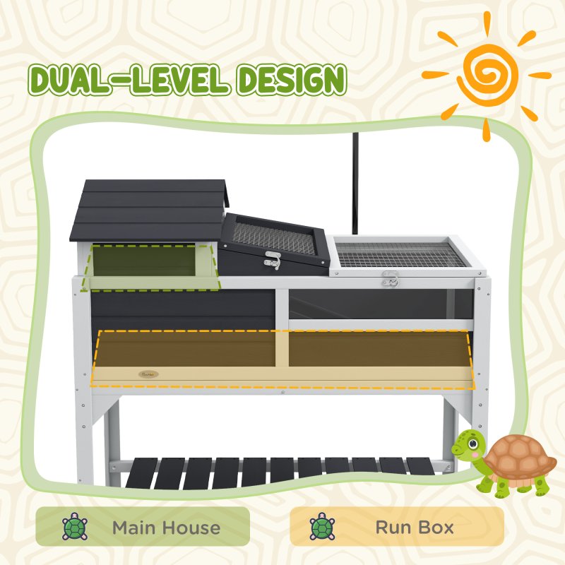 PawHut Tortoise House, 2 Layers Wooden Tortoise Enclosure with Adjustable Lamp Holder, Tortoise Table with Openable Lid, Removable Main House, Storage Shelf, Run Box, Fixed Tray - Grey