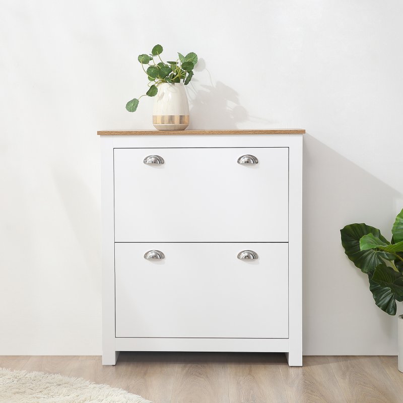 HOMCOM 2 Drawer Shoe Cabinet Modern Narrow Shoe Cupboard Hallway Wooden Storage Organiser with Flip Doors Adjustable Shelf for 12 Pairs, White
