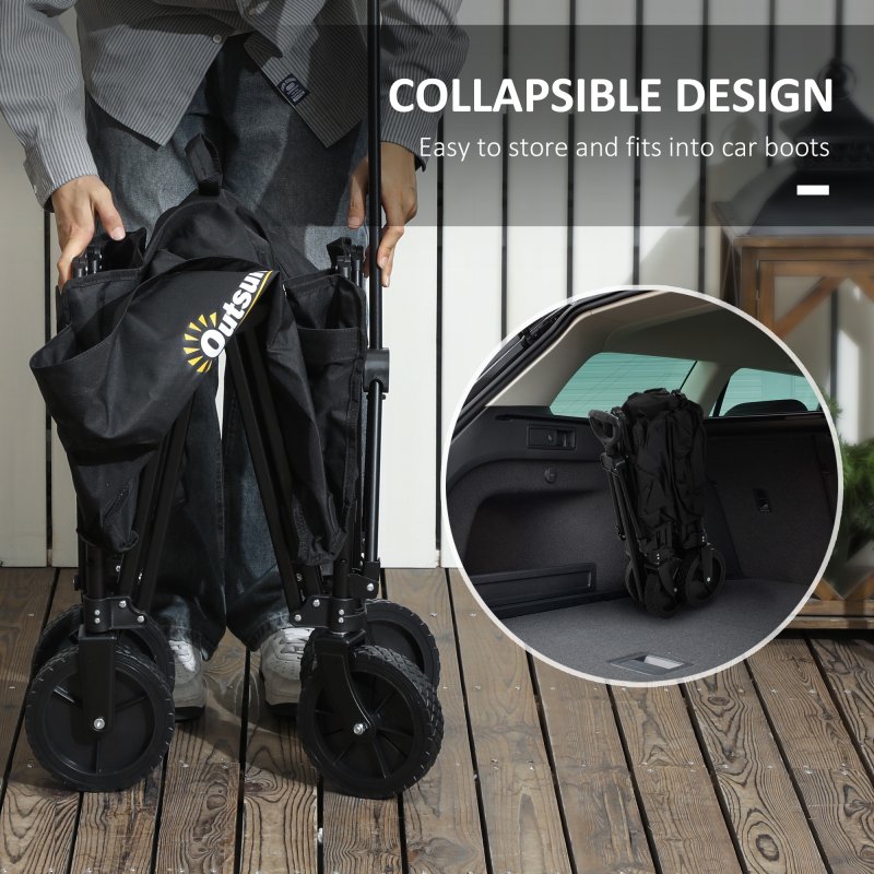 Outsunny 120L Festival Trolley on Wheels, Folding & Compact Camping Trolley Cart with Adjustable Handle for Garden, Beach, Fishing, Black
