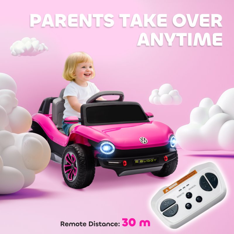 AIYAPLAY Volkswagen E-Buggy Licensed Electric Car for Kids, 12V Kids Electric Ride on with Remote Control, Suspension, Slow Start, LED Lights, USB, Music, Horn, for Ages 3-6 Years, Pink