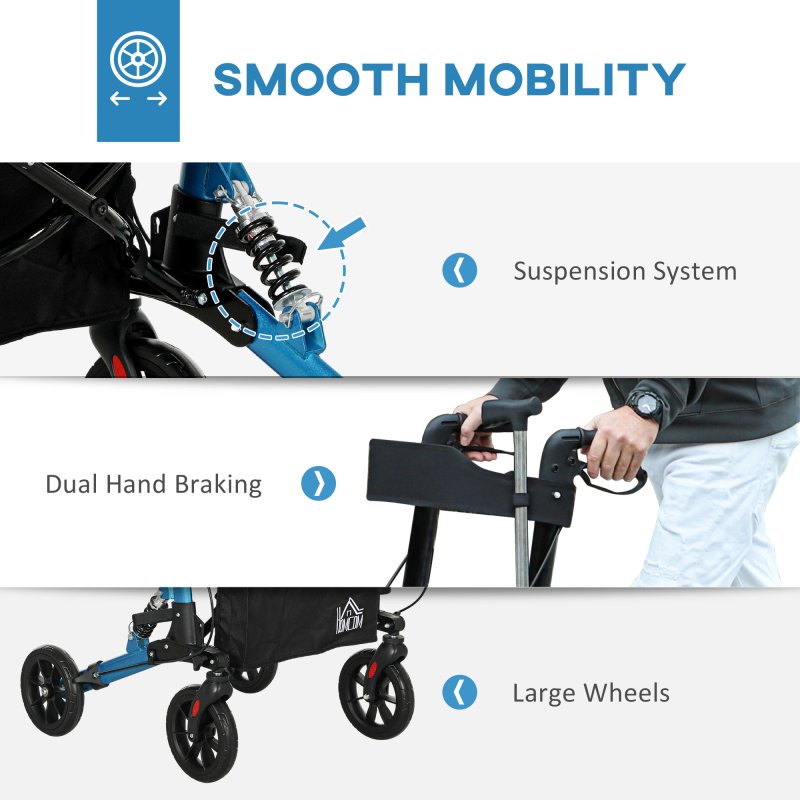 HOMCOM Folding Rollator Walker with Seat, Backrest, Lightweight Walking Frame with Storage Bag, Dual Brakes, Adjustable Handle Height, Suspension System, 4 Wheeled Walker for Seniors
