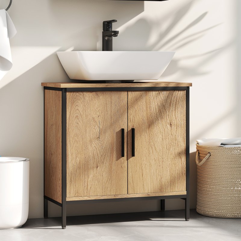 HOMCOM Under Sink Bathroom Cabinet, Industrial Freestanding Under Sink Cabinet with 2 Doors, Adjustable Shelf and Steel Frame for Basin without or with Pedestal, Oak