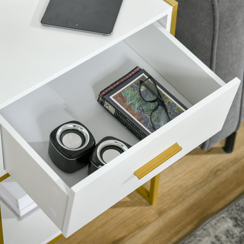 HOMCOM Bedside Table with Storage Drawer and Open Shelf, Modern Nightstand, Side Table with Metal Frame for Bedroom, Living Room, White