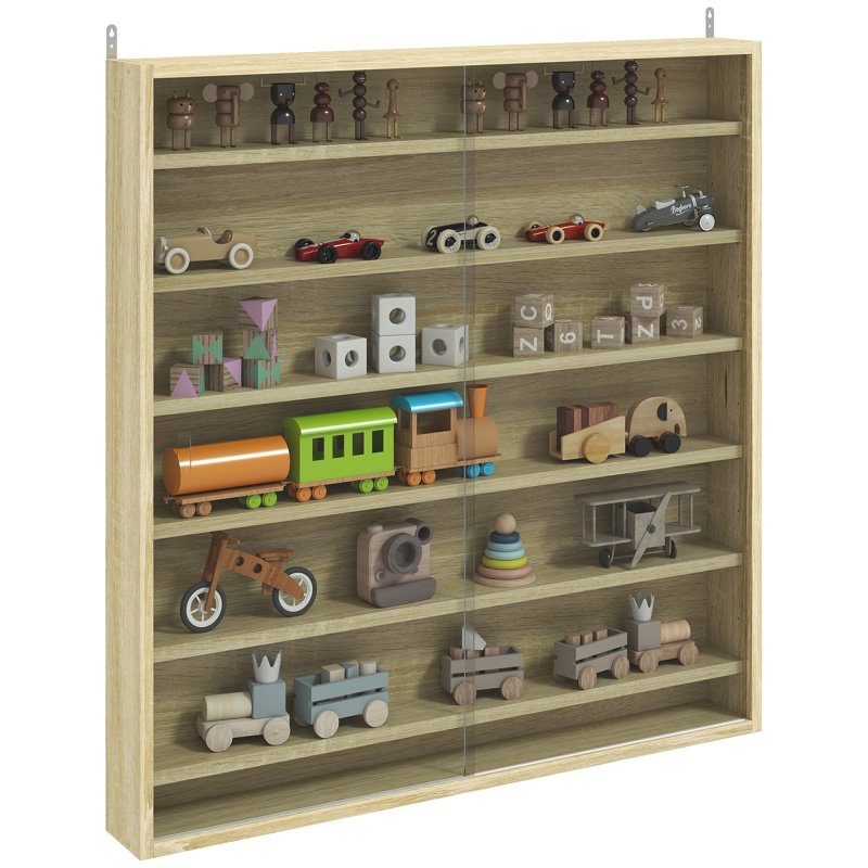 HOMCOM 7-Tier Wall Mounted Display Cabinet, Display Case with 6 Adjustable Shelves, Glass Doors for Home Office Ornaments 83x80cm, Oak