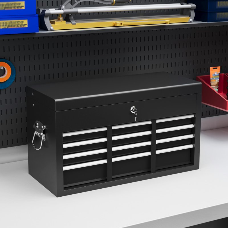 HOMCOM 6 Drawer Tool Chest, Lockable Metal Tool Box with Top Case, Ball Bearing Runners, Portable Toolbox, 600mm x 260mm x 340mm, Black