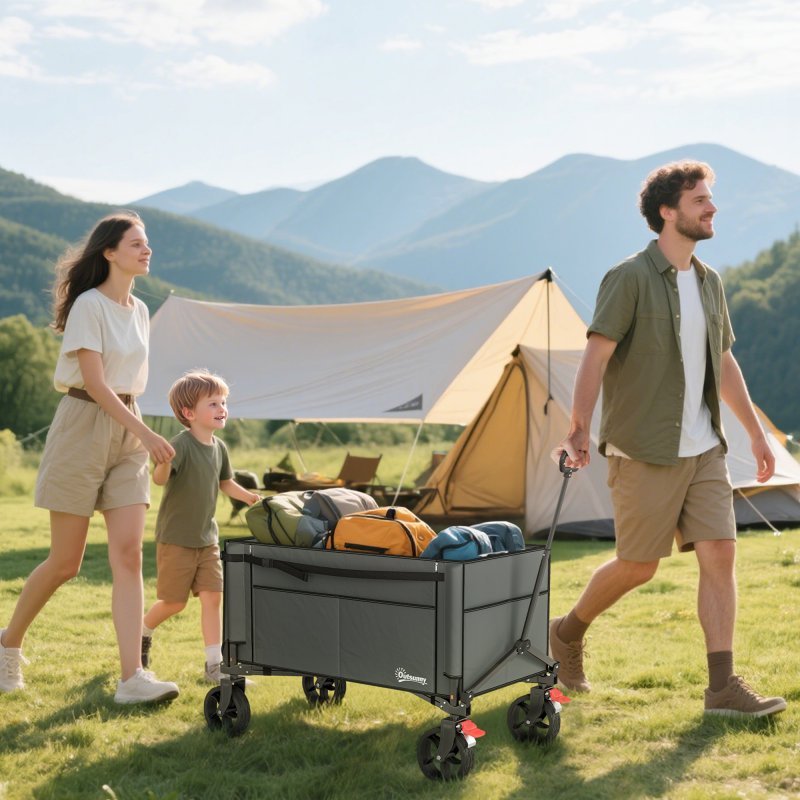 Outsunny Folding Trolley on Wheels, 150L Collapsible Wagon Festival Trolley Cart with Openable Sides, Adjustable Handle and Brakes for Shopping Camping Beach and Garden, Grey