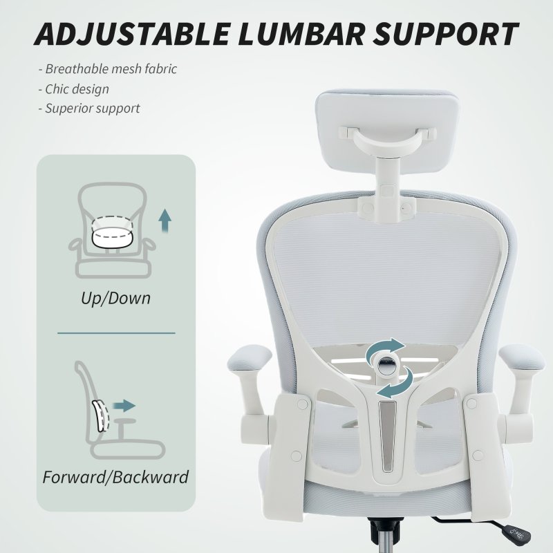 Vinsetto High Back Office Chair, Mesh Computer Desk Chair with Rotatable Headrest, 4D Lumbar Support, Flip-up Arm, Adjustable Height, White