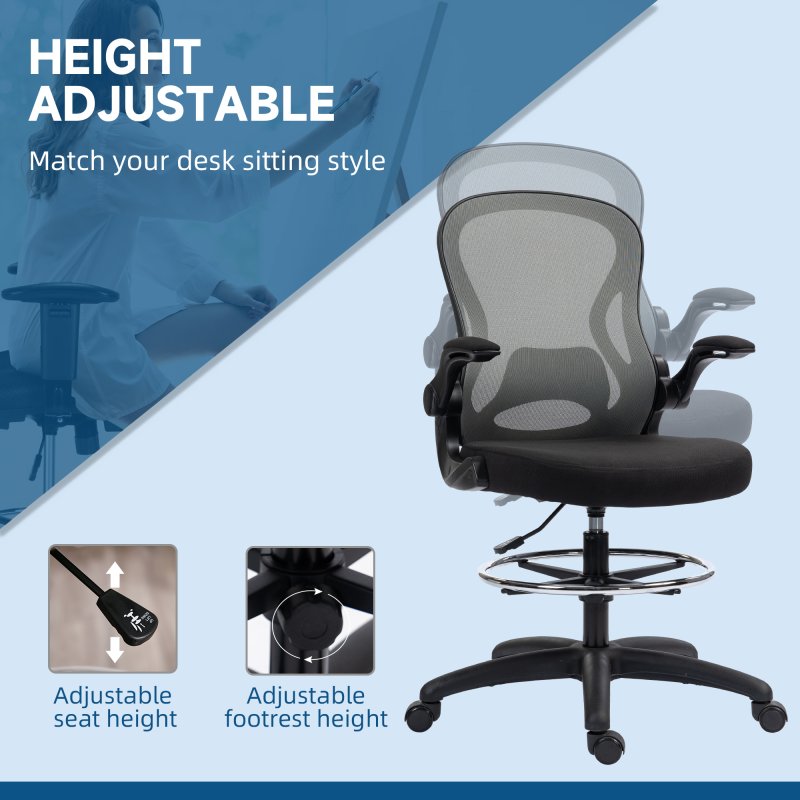 Vinsetto Draughtsman Chair with Flip-up Armrests, Mesh Standing Desk Chair with Lumbar Support and Adjustable Foot Ring for Bar Counter, Dark Grey