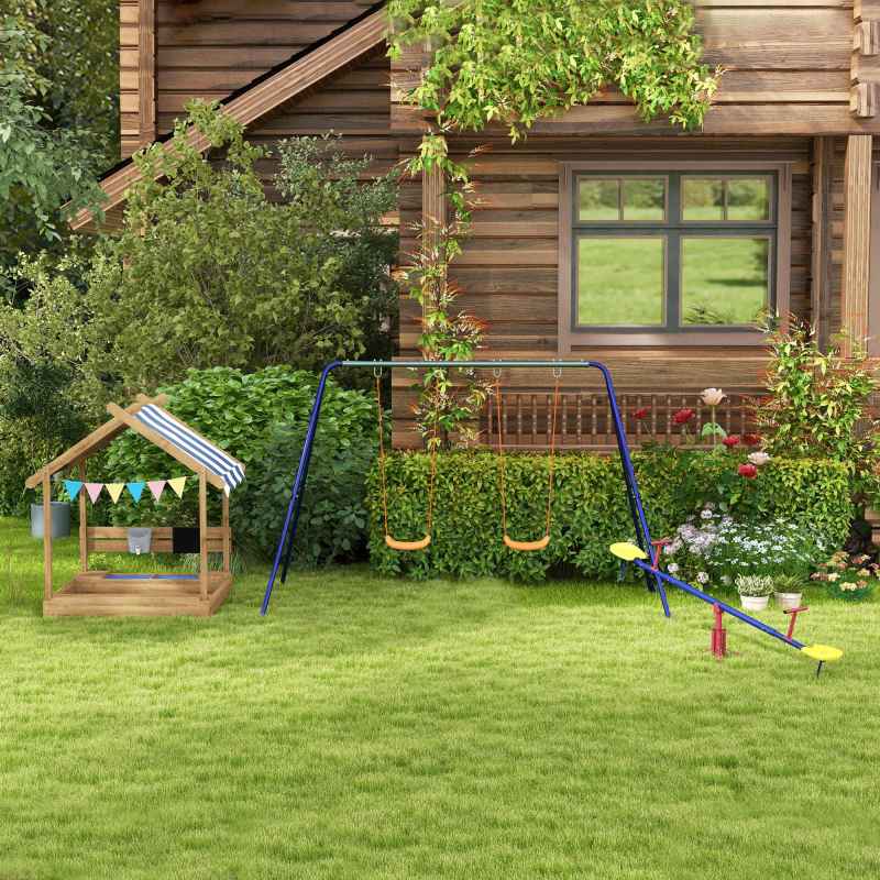 Outsunny Sand Pit Wooden Sandpit Kids Sandbox House for Outdoors, Gardens with Canopy, Liner, Blackboard, Sink, Seats, Flags, for Ages 3-7 Years - Brown