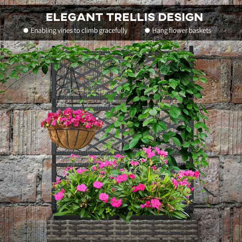 Outsunny 22 L Rattan Planter with Trellis, Freestanding Raised Beds for Garden with Two Plant Boxes, Outdoor Planter for Climbing Plants, Flowers, 57 x 30 x 107 cm, Mixed Grey
