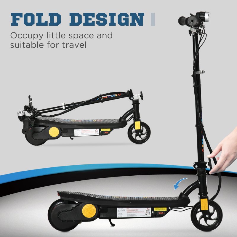 HOMCOM Folding Electric Scooter 120W E-Scooter with Three Mode LED Headlight, Warning Bell, Adjustable Height, 12km/h Maximum Speed, for Ages 7-14 Years - Black