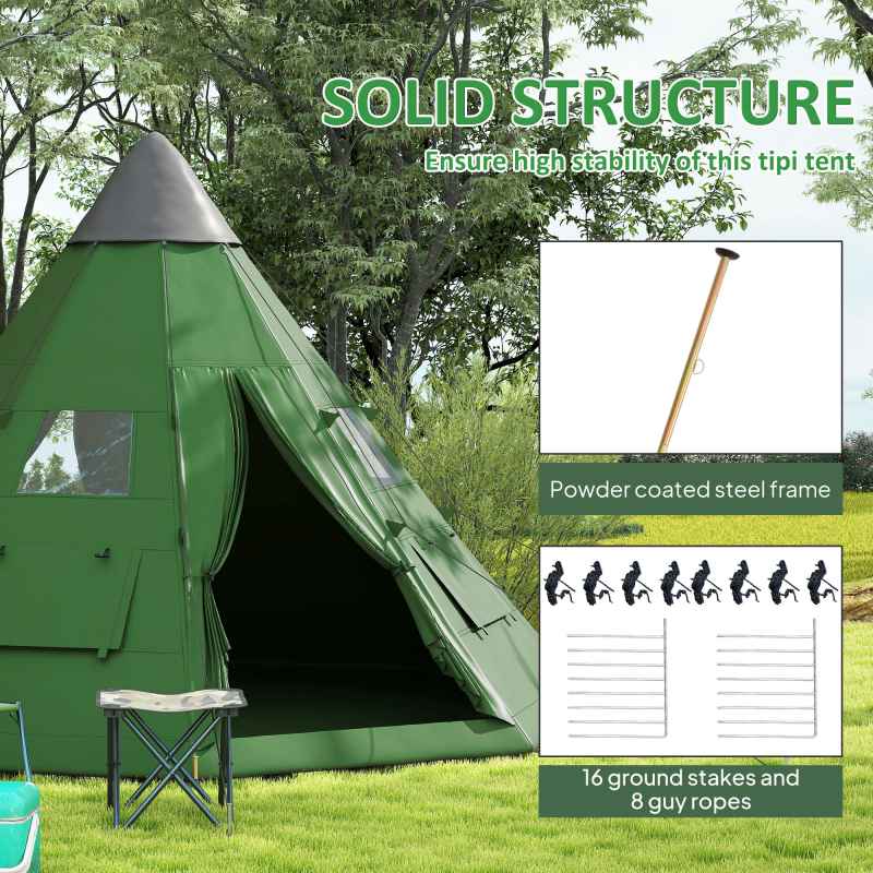 Outsunny 6 Men Tipi Tent, Camping Tent with Mesh Windows, Sewn-in Floor, Two Doors and Carry Bag, Easy Set Up, for Hiking Picnics Outdoor Night, Green
