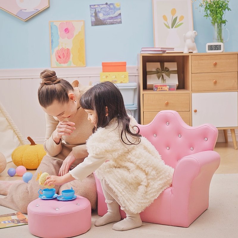 HOMCOM Kids Armchair Toddler Chair Sofa Set with Free Footstool Pink
